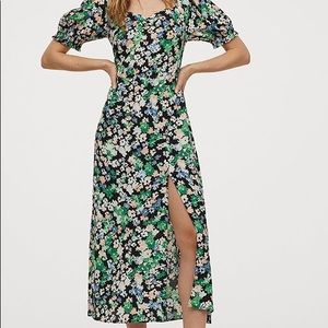 H&M puff sleeve sweetheart midi dress with slit